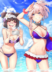 Rule 34 | 2girls, adapted costume, alternate costume, alternate hairstyle, arm up, armpits, asymmetrical hair, bikini, black hair, blue bikini, blue eyes, blue sky, breasts, cellphone, choker, day, double bun, earrings, fate/grand order, fate (series), frilled bikini, frills, glasses, hairband, holding, holding phone, jewelry, medium breasts, mikan (chipstar182), miyamoto musashi (fate), multiple girls, navel, osakabehime (fate), outdoors, phone, pink hair, ponytail, purple bikini, purple eyes, red-framed eyewear, sky, smartphone, swimsuit, wading, wet