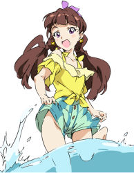 Rule 34 | 1girl, :d, amanogawa kirara, bare shoulders, barefoot, brown hair, earrings, go! princess precure, jewelry, long hair, open mouth, precure, purple eyes, shorts, simple background, smile, solo, star (symbol), star earrings, striped clothes, striped shorts, thigh gap, twintails, umanosuke, upshorts, water, white background