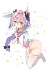 Rule 34 | 1boy, animal ears, ass, astolfo (fate), astolfo (sailor paladin) (fate), bad id, bad twitter id, between legs, black bow, blue hair, blush, bottomless, bow, chestnut mouth, commentary, ear down, fake tail, fate (series), full body, furrowed brow, hair bow, hair intakes, hand between legs, hand on own chest, heart, long braid, long hair, looking at viewer, male focus, multicolored hair, neckerchief, open mouth, pink hair, pink neckerchief, pink sailor collar, purple eyes, rabbit ears, rabbit tail, sailor collar, saisou (2ndere), skindentation, sleeves rolled up, solo, streaked hair, tail, thighhighs, trap, twitter username, white background, white thighhighs