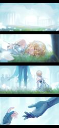 Rule 34 | 1boy, 1girl, 4koma, absurdres, anna (drw01), black pants, blonde hair, cape, cave, closed mouth, comic, dainsleif (genshin impact), dress, elbow gloves, field, flower, from behind, genshin impact, gloves, grass, green cape, highres, long bangs, looking at another, lumine (genshin impact), lying, medium hair, on side, open hand, orange eyes, out of frame, outdoors, outstretched arm, pants, people, pillar, ruins, sidelocks, signature, underground, white dress, white flower, white gloves