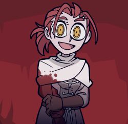 Rule 34 | 1girl, amputee, belt, blood, blood on clothes, brown belt, brown gloves, capelet, commentary, dress, elden ring, english commentary, gloves, grey dress, helltaker, highres, looking at viewer, millicent (elden ring), open mouth, red background, red hair, shi ling yu, short hair, short ponytail, single glove, smile, solo, vanripper (style), white capelet, yellow eyes