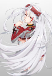 Rule 34 | 1girl, absurdres, alternate hair length, alternate hairstyle, antenna hair, arm behind back, azur lane, blurry, blush, breasts, cross, eyes visible through hair, finger to own chin, floating hair, from behind, grey background, hair between eyes, headgear, highres, iron cross, jacket, large breasts, long hair, looking at viewer, looking back, meng xi ds, military, military uniform, multicolored clothes, multicolored hair, multicolored jacket, no bra, parted lips, prinz eugen (azur lane), red hair, rigging, sideboob, sidelocks, silver hair, simple background, solo, streaked hair, thighs, two side up, uniform, very long hair