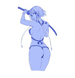 Rule 34 | 1girl, ass, back, bare back, bare shoulders, bleach, bra, breasts, dark-skinned female, dark skin, drawing, from behind, fundoshi, highres, holding, image sample, japanese clothes, katana, krmn-chan, looking at viewer, looking back, medium breasts, monochrome, open mouth, short hair, shoulder blades, sideboob, simple background, sketch, solo, standing, sui-feng, sword, tumblr sample, underwear, weapon, white background