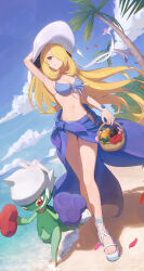Rule 34 | 1girl, absurdres, alternate costume, arm up, bare legs, basket, bikini, blonde hair, blue sky, breasts, cleavage, closed mouth, cloud, commentary request, creatures (company), cynthia (pokemon), day, eyelashes, falling petals, feet, floating hair, game freak, gen 4 pokemon, hair over one eye, hat, highres, holding, holding basket, large breasts, legs, long hair, long legs, navel, nintendo, odd (hin yari), outdoors, palm tree, petals, pokemon, pokemon (creature), pokemon dppt, roserade, sand, sarong, shore, sky, smile, standing, sun hat, swimsuit, toenails, toes, tree, very long hair, water, white headwear