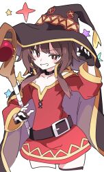Rule 34 | 1girl, belt, black belt, black hat, blush, bright pupils, brown hair, clenched teeth, collarbone, commentary request, fingerless gloves, gloves, hat, holding, holding staff, ixy, kono subarashii sekai ni shukufuku wo!, long sleeves, looking at viewer, mage staff, megumin, red eyes, red shirt, shirt, short hair with long locks, simple background, smile, solo, staff, teeth, white background, white pupils, witch hat