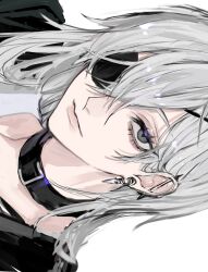Rule 34 | 1girl, absurdres, ancoo mm, barbell piercing, chainsaw man, collar, ear piercing, earrings, eyepatch, highres, industrial piercing, jewelry, long hair, looking at viewer, piercing, quanxi (chainsaw man), sideways, simple background, smile, solo, white background, white hair