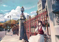 Rule 34 | 1girl, architecture, blue sky, brown hair, building, cloud, cloudy sky, dress, fence, green eyes, grin, highres, lamppost, long hair, looking at viewer, outdoors, red vest, rosa (tears of themis), scenery, short sleeves, sky, smile, solo, tears of themis, teeth, tree, vest, white dress, yorktown cv-5