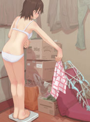 Rule 34 | 1girl, ass, back, barefoot, blush, bra, cardboard, ikagawa, lingerie, panties, quzilax, solo, standing, underwear, underwear only, weighing scale