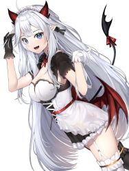 Rule 34 | 1girl, black gloves, blue eyes, breasts, cleavage, commentary, demon girl, demon horns, fang, frills, gloves, hands up, highres, horns, indie virtual youtuber, large breasts, long hair, looking at viewer, lower teeth only, pointy ears, short sleeves, simple background, smile, solo, suzuharu toufu, tail, teeth, thigh strap, vei (vtuber), vei (vtuber) (4th costume), virtual youtuber, white background, white gloves