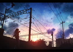 Rule 34 | 1girl, blue sky, byakuya reki, city, cloud, cloudy sky, evening, lens flare, letterboxed, long hair, original, outdoors, photo-referenced, power lines, scenery, silhouette, sky, solo, sunset, wide shot