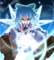 Rule 34 | 1girl, aiming, aiming at viewer, ankle socks, blue eyes, blue hair, bobby socks, bow, cirno, do (4-rt), dress, hair bow, highres, ice, ice wings, light particles, looking at viewer, magic, matching hair/eyes, open hand, open mouth, outstretched arms, perspective, ribbon, shoes, short sleeves, sky, socks, solo, star (sky), starry sky, teeth, touhou, wings