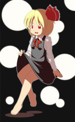 Rule 34 | 1girl, ascot, bad id, bad nicoseiga id, bare legs, barefoot, blonde hair, bow, clothes lift, dress, dress lift, fangs, hair bow, highres, long sleeves, mimiru (mimill), open mouth, red eyes, ribbon, rumia, short hair, simple background, skirt, skirt lift, slit pupils, solo, touhou