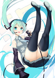 Rule 34 | 1girl, :d, black footwear, black skirt, black sleeves, black thighhighs, blue eyes, blue necktie, blush, boots, character name, collared shirt, commentary request, detached sleeves, dress shirt, green hair, green nails, grey shirt, hand up, hatsune miku, headphones, headset, highres, holding, holding microphone, legs up, long hair, long sleeves, looking at viewer, megaphone, microphone, nail polish, necktie, ochinsama, open mouth, pleated skirt, shirt, shoe soles, skirt, sleeveless, sleeveless shirt, sleeves past wrists, smile, solo, thigh boots, thighhighs, tie clip, twintails, very long hair, vocaloid, white background, wide sleeves