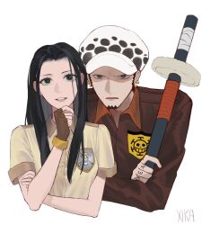 Rule 34 | 1boy, 1girl, alternate costume, artist name, black hair, earrings, facial hair, finger tattoo, goatee, hand on own chin, hand tattoo, hat, highres, holding, holding sword, holding weapon, jesssssicaz, jewelry, jolly roger, long hair, looking at viewer, multiple earrings, nico robin, one piece, short hair, sideburns, simple background, smile, sword, tattoo, trafalgar law, weapon, white background