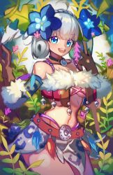 Rule 34 | 1girl, ahoge, bare shoulders, blue eyes, breasts, cleavage, flower, hair flower, hair ornament, highres, jungle, large breasts, looking at viewer, melia antiqua, nature, navel, nintendo, open mouth, silver hair, smile, solo, underboob, xenoblade chronicles 1, xenoblade chronicles (series), yagi (kyuhyun)