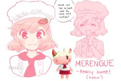 Rule 34 | ?, animal crossing, artist name, blush, breasts, character name, chef hat, chef, emirichu, english text, closed eyes, eyes visible through hair, food-themed hair ornament, hair between eyes, hair ornament, hat, looking at viewer, merengue (animal crossing), nintendo, open mouth, personification, pink hair, short hair, short sleeves, simple background, small breasts, smile, speech bubble, standing, strawberry hair ornament, upper body, watermark, white background
