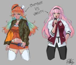 Rule 34 | 2girls, absurdres, alternate costume, bomber jacket, breasts, chef hat, commentary, english commentary, english text, green hair, grey background, hat, highres, hololive, hololive english, jacket, letterman jacket, looking at viewer, medium breasts, mori calliope, multiple girls, navel, orange hair, pink eyes, pink hair, purple eyes, radical highway, simple background, takanashi kiara, thighhighs, v-shaped eyebrows, virtual youtuber