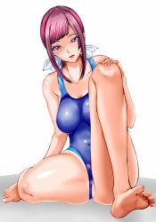 Rule 34 | 1girl, :d, ass, bare shoulders, barefoot, breasts, competition swimsuit, covered navel, feet, hair ribbon, highres, long hair, looking at viewer, medium breasts, one-piece swimsuit, open mouth, original, purple eyes, purple hair, ribbon, shima-shuu, sitting, smile, soles, solo, swimsuit, toes