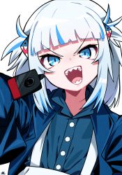 Rule 34 | 1girl, :d, aiming, aiming at viewer, blue eyes, blue hair, blue jacket, blue shirt, blunt bangs, collared shirt, commentary, dress shirt, gawr gura, gun, hair ornament, highres, holding, holding gun, holding weapon, hololive, hololive english, jacket, looking at viewer, multicolored hair, open clothes, open jacket, open mouth, sharp teeth, shirt, silver hair, simple background, skirt, smile, solo, streaked hair, suspender skirt, suspenders, teeth, tosyeo, two side up, upper body, v-shaped eyebrows, virtual youtuber, weapon, white background, white skirt