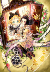 Rule 34 | 2girls, alice (alice in wonderland), alice in wonderland, apron, black hair, black ribbon, blonde hair, blue dress, blue eyes, blush, card, cat, cheshire cat (alice in wonderland), cup, dress, flower, hair ribbon, holding, holding cup, looking at viewer, multiple girls, nesu (nsm888), original, playing card, rabbit, red eyes, red flower, red rose, ribbon, rose, short hair, teacup, white apron, white rabbit (alice in wonderland), window