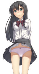 Rule 34 | 1girl, arms behind back, black hair, blush, bow, bowtie, breasts, clothes lift, green hair, hair ornament, hairclip, long hair, looking at viewer, mikazuchi zeus, open mouth, original, panties, pantyshot, school uniform, simple background, skirt, skirt lift, small breasts, solo, underwear, wind, wind lift