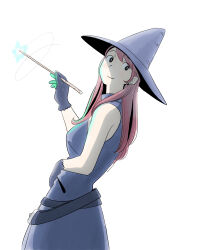 Rule 34 | 1girl, belt, blue dress, blue gloves, dress, dutch angle, from side, gloves, gogo jolno, hat, highres, holding, holding wand, long hair, looking at viewer, looking to the side, original, pink hair, simple background, solo, wand, white background, witch, witch hat