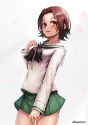 Rule 34 | 10s, 1girl, black neckerchief, blouse, blush, brown eyes, brown hair, clenched hand, commentary, cowboy shot, girls und panzer, green skirt, grey background, hand on own chest, highres, light blush, long sleeves, looking at viewer, miniskirt, neckerchief, one-hour drawing challenge, ooarai school uniform, parted bangs, parted lips, pleated skirt, sawa azusa, school uniform, serafuku, shirt, short hair, skirt, smile, solo, standing, tacch, twitter username, white shirt