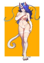Rule 34 | 1girl, absurdres, animal ears, animal feet, animal hands, big hair, bikini, blue eyes, blue hair, breasts, cat ears, cat tail, claws, closed mouth, commentary, english commentary, felicia (vampire), full body, fur bikini, hair over one eye, highres, large breasts, long hair, looking at viewer, navel, orange background, outside border, pgm300, smile, solo, standing, swimsuit, tail, thighhighs, twitter username, vampire (game), white bikini, white thighhighs