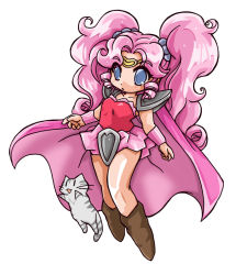 Rule 34 | 1girl, armor, arms at sides, bad id, bad pixiv id, beena, blue eyes, boots, cat, curly hair, full body, hair ornament, hairpin, knee boots, long hair, monster maker, okuri ookami, pauldrons, pink hair, shoulder armor, sidelocks, simple background, skirt, solo, twintails, veena (monster maker), white background, wrist cuffs