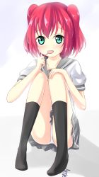 Rule 34 | 10s, 1girl, absurdres, aqua eyes, arrie, ass, blush, breasts, candy, collarbone, food, highres, kurosawa ruby, lollipop, long hair, looking at viewer, love live!, love live! sunshine!!, panties, pantyshot, red hair, school uniform, skirt, solo, squatting, twintails, underwear