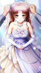 Rule 34 | 1boy, 1girl, bare shoulders, blue dress, blush, breasts, bridal gauntlets, bridal veil, brown hair, cleavage, closed mouth, collarbone, detached sleeves, doukyuusei another world, dress, earrings, game cg, jewelry, kakyuusei, kanou ryouko, large breasts, layered dress, long hair, long sleeves, looking at viewer, necklace, pov, red eyes, smile, solo focus, strapless, strapless dress, twintails, two-tone dress, veil, wedding, wedding dress, white dress, white sleeves