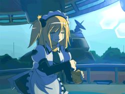 Rule 34 | !, 1girl, animated, animated gif, antennae, apron, ball, blonde hair, bomb, building, closed eyes, cosmic break, crying, day, explosive, fallen down, falling, frills, gate, hair ornament, hitting, indoors, lens flare, long hair, maid, maid apron, maid headdress, monica gold, necktie, pillar, puffy sleeves, rain, ribbon, satellite dish, side ponytail, skirt, sky, tears, tree, wall, wallet, water
