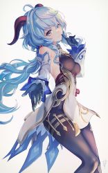 Rule 34 | ahoge, aratakosu (tako&#039;s), bare shoulders, bell, black gloves, black legwear, blue hair, breasts, detached sleeves, finger to mouth, flower knot, ganyu (genshin impact), genshin impact, gloves, gold trim, highres, horns, light smile, long hair, looking at viewer, low ponytail, medium breasts, multicolored eyes, neck bell, sidelocks, signature, solo, standing, thighlet, waist cape, white background, white sleeves