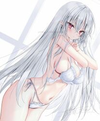 1girl blush bra breasts cowboy_shot ear_piercing lace lace-trimmed_bra lace-trimmed_panties lace_trim large_breasts long_hair navel original panties piercing pointy_ears red_eyes solo underwear undressing very_long_hair white_bra white_hair white_panties yoruhoshi_owl