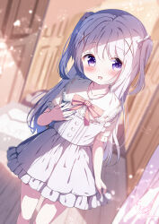 Rule 34 | 1girl, blush, bow, chinomaron, curtains, day, door, dot nose, dress, dutch angle, gochuumon wa usagi desu ka?, hair bow, hair ornament, hand on own chest, hand up, highres, indoors, kafuu chino, light particles, light purple hair, long hair, looking at viewer, pink bow, purple dress, purple eyes, shirt, short sleeves, signature, smile, solo, standing, sunlight, twitter username, two side up, white shirt, wooden floor, x hair ornament