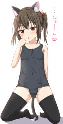 Rule 34 | 1girl, absurdres, animal ear fluff, animal ears, bare arms, bare shoulders, black hair, black one-piece swimsuit, black thighhighs, blush, breasts, brown eyes, cameltoe, cat ears, cat girl, cat tail, collarbone, commentary request, covered navel, full body, groin, hair between eyes, hand up, highres, kneeling, looking at viewer, no shoes, old school swimsuit, one-piece swimsuit, original, parted lips, school swimsuit, shadow, small breasts, solo, swimsuit, tail, takasuma hiro, thighhighs, translation request, twintails, white background