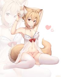 Rule 34 | 1girl, absurdres, animal ear fluff, animal ears, arm behind head, armpits, arms up, babydoll, bare arms, bare shoulders, blonde hair, bottomless, breasts, collarbone, extra ears, fox ears, fox girl, fox tail, frills, hair ornament, hairclip, halterneck, haruka poi, highres, looking at viewer, medium breasts, mole, mole under eye, navel, no shoes, original, pubic tattoo, red eyes, short hair, simple background, sitting, smile, solo, spaghetti strap, stomach, tail, tattoo, thighhighs, wariza, white background, white thighhighs, zoom layer