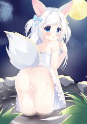 Rule 34 | 1girl, absurdres, animal ears, anus, ass, cat ears, cat girl, cloud, copyright request, dress, exhibitionism, fengshen chino, from behind, highres, nekomusume, night, onsen, outdoors, plant, public indecency, pussy, tail, two side up, white dress, white hair