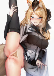 Rule 34 | arknights, blush, censored, cleft of venus, cum, cum in pussy, curvy, female pubic hair, highres, krirk, legs, long hair, mosaic censoring, paid reward available, pubic hair, pussy, simple background, solo, split, standing, standing on one leg, standing split, thighhighs, thighs, whislash (arknights)
