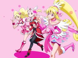 Rule 34 | 00s, 3girls, aida mana, bike shorts, black legwear, blonde hair, boots, bow, brooch, choker, color connection, cure heart, cure passion, cure peach, curly hair, dokidoki! precure, earrings, fresh precure!, hair ornament, hairpin, half updo, head wings, heart, heart brooch, heart hair ornament, higashi setsuna, high heel boots, high heels, jewelry, kijichuu masahiro, kijinaka mahiro, knee boots, long hair, magical girl, md5 mismatch, momozono love, multiple girls, pantyhose, pink background, pink bow, pink eyes, pink footwear, pink hair, ponytail, precure, red eyes, ribbon, running, shoes, shorts, shorts under skirt, skirt, smile, tiara, twintails, waist bow, white choker, wings