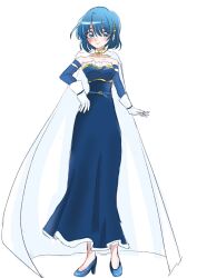 Rule 34 | 1girl, alternate costume, armor, belt, blue dress, blue eyes, blue footwear, blue hair, breastplate, cape, collarbone, detached sleeves, dress, fast carrot 38, full body, gloves, hair ornament, hairclip, hand on own hip, high heels, highres, long dress, looking at viewer, magical girl, mahou shoujo madoka magica, miki sayaka, short hair, simple background, solo, standing, white background, white cape, white gloves