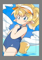 Rule 34 | 1girl, blonde hair, blush, croixsan, female focus, one-piece swimsuit, original, partially submerged, pointy ears, solo, swimsuit, tail, visor cap, water
