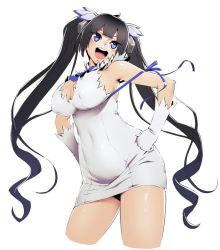Rule 34 | 10s, 1girl, :d, arm ribbon, bare shoulders, black hair, blue eyes, bow, breasts, chyko7080, cleavage, cleavage cutout, clothing cutout, covered erect nipples, covered navel, cropped legs, dress, dungeon ni deai wo motomeru no wa machigatteiru darou ka, female focus, gloves, hair ornament, hair ribbon, hands on own hips, hestia (danmachi), large breasts, long hair, open mouth, rei no himo, ribbon, short dress, simple background, sleeveless, sleeveless dress, smile, solo, twintails, white background, white dress, white gloves
