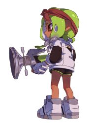 Rule 34 | 1girl, black shorts, bow, bow hairband, closed mouth, commentary request, dolphin shorts, eyebrow cut, fingerless gloves, full body, gloves, green hair, green trim, gun, hairband, holding, holding gun, holding weapon, ikki (gsl 9708), jacket, korean commentary, medium hair, nintendo, octoling, octoling girl, octoling player character, red bow, red eyes, red hairband, shoes, shorts, simple background, solo, splatoon (series), splatoon 3, sploosh-o-matic (splatoon), standing, tentacle hair, weapon, white background, white footwear, white gloves, white jacket
