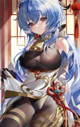 Rule 34 | 1girl, bad id, bad twitter id, bare shoulders, bell, black gloves, black leotard, black pantyhose, blue hair, blurry, blurry background, blush, breasts, choker, closed mouth, clothes lift, cowbell, cowboy shot, curled horns, detached sleeves, flower knot, ganyu (genshin impact), genshin impact, gloves, hair between eyes, hand up, highres, horns, jewelry, large breasts, lattice, leotard, long hair, long sleeves, looking at viewer, messy hair, multicolored clothes, multicolored eyes, pantyhose, pelvic curtain, sidelocks, sleeveless, solo, soraneko hino, tassel, very long hair