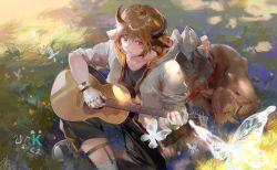 Rule 34 | 1boy, absurdres, acoustic guitar, animal ears, arknights, backpack, bag, bison (arknights), brown hair, bug, butterfly, calf, commentary request, cow, cow ears, cow horns, daylightallure, fingerless gloves, from above, gloves, grass, guitar, highres, horns, bug, instrument, jacket, crossed legs, long sleeves, male focus, open bag, purple eyes, shoes, short hair, signature, sitting, sleeves rolled up, sneakers, solo