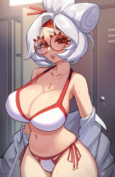Rule 34 | 1girl, :d, absurdres, alternate breast size, bare shoulders, bikini, breasts, cleavage, collarbone, cowboy shot, eyeshadow, glasses, grey hair, hair ornament, hair stick, highres, indoors, jewelry, large breasts, locker, locker room, long sleeves, looking at viewer, makeup, navel, necklace, nintendo, off shoulder, open clothes, open mouth, open shirt, psidubs, purah, red-framed eyewear, red eyes, red eyeshadow, red ribbon, ribbon, round eyewear, shirt, short hair, side-tie bikini bottom, skindentation, smile, solo, swimsuit, the legend of zelda, the legend of zelda: tears of the kingdom, undressing, white bikini, white shirt
