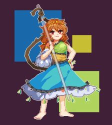 Rule 34 | 1girl, :3, barefoot, brown hair, circlet, closed mouth, commentary, dress, full body, hand on own hip, hui mi (hennji echo), looking at viewer, low twintails, medium hair, monkey tail, multicolored clothes, multicolored dress, pixel art, red eyes, ruyi jingu bang, single-shoulder dress, solo, son biten, tail, touhou, twintails, unfinished dream of all living ghost