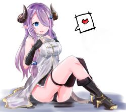 Rule 34 | 10s, 1girl, bare shoulders, black gloves, black panties, blue eyes, breasts, demon horns, draph, elbow gloves, fingerless gloves, gloves, granblue fantasy, hair over one eye, hands on own chest, heart, highres, horns, light purple hair, long hair, narmaya (granblue fantasy), open mouth, panties, pointy ears, rumiya9i, simple background, single thighhigh, sitting, smile, solo, thighhighs, underwear, white background