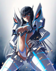 Rule 34 | 10s, 1girl, blue eyes, breasts, garter straps, gloves, hands on own hips, highres, hime cut, imizu (nitro unknown), junketsu, kill la kill, kiryuuin satsuki, lace, lace-trimmed panties, lace trim, long hair, looking at viewer, looking down, midriff, navel, panties, revision, solo, spread legs, suspenders, thighhighs, underboob, underwear, very long hair, white gloves, white panties, white thighhighs